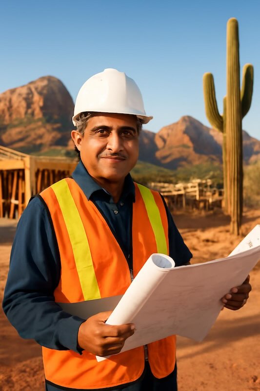 Male construction professional wearing hard hat and safety vest holding blueprints at Arizona construction site