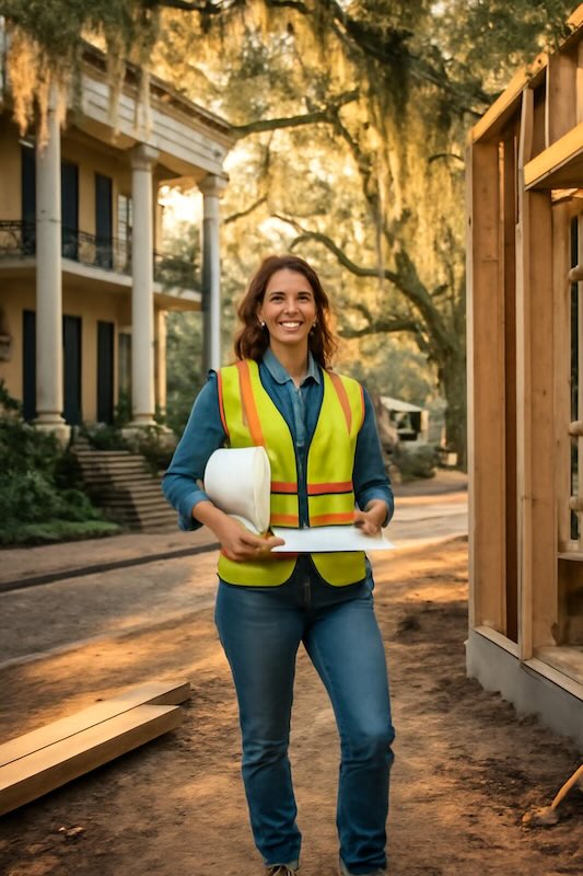 ​Hispanic construction professional wearing hard hat and safety vest holding blueprints at ​Georgia construction site