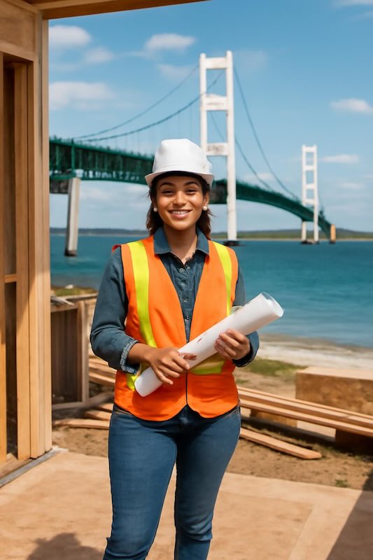 Female construction professional wearing hard hat and safety vest holding blueprints at Michigan construction site