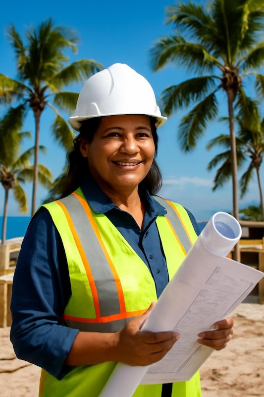 Female construction professional wearing hard hat and safety vest holding blueprints at Florida coastal construction site with palm trees