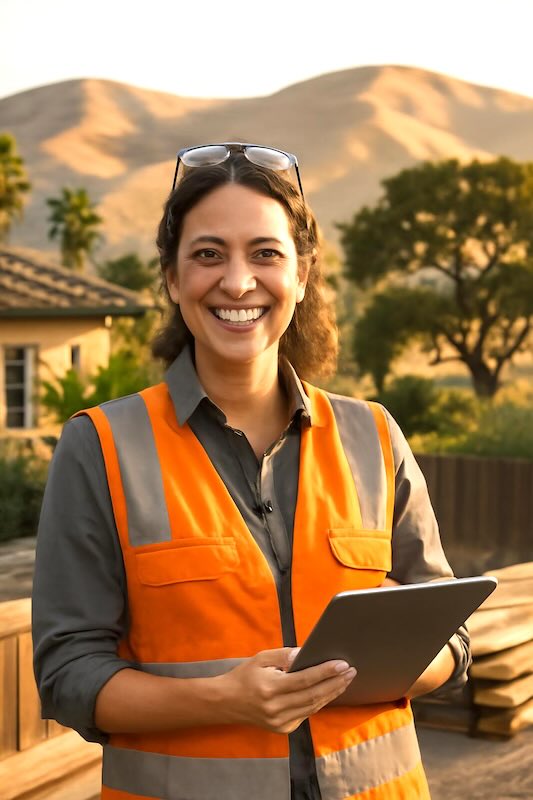 ​Hispanic construction professional wearing hard hat and safety vest holding blueprints at ​California construction site