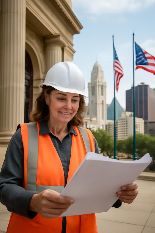 ​Hispanic construction professional wearing hard hat and safety vest holding blueprints at ​Ohio construction site ​in the city