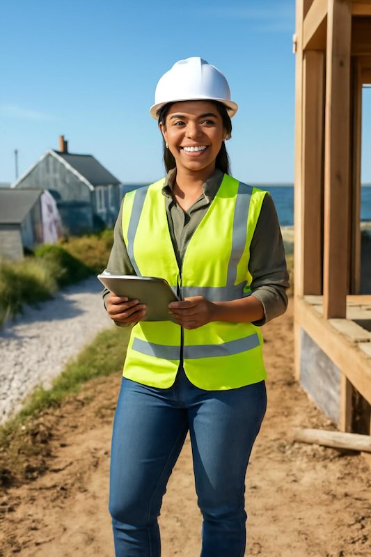 Female construction professional wearing hard hat and safety vest holding blueprints at ​Massachusetts construction site