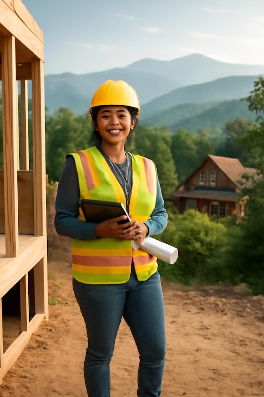 Female construction professional wearing hard hat and safety vest holding blueprints at ​Tennessee construction site