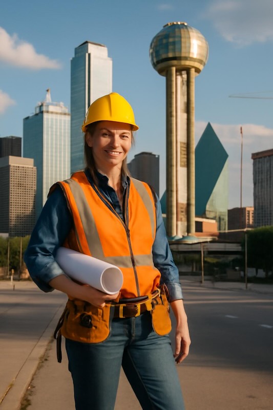 Female construction professional wearing hard hat and safety vest holding blueprints at Texas construction site