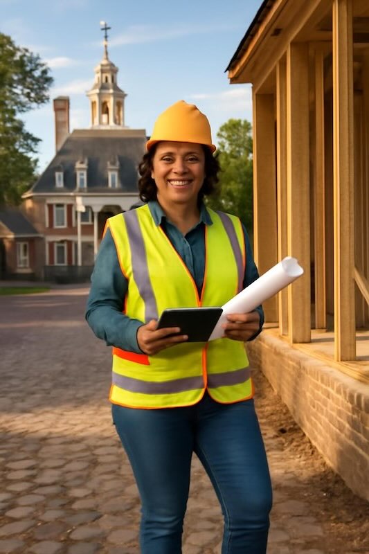 Female construction professional wearing hard hat and safety vest holding blueprints at Virginia construction site